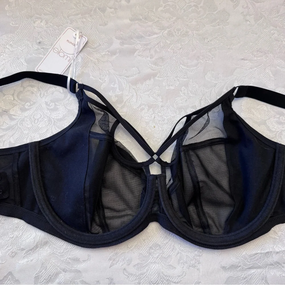 Elomi Sachi Plunge Bra Underwire Unlined‎ USA 38DDD Strappy Sheer Black New